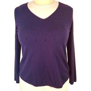 Chico's - Women's L Sweater VNeck Dark Purple Black Beaded Long Sleeve